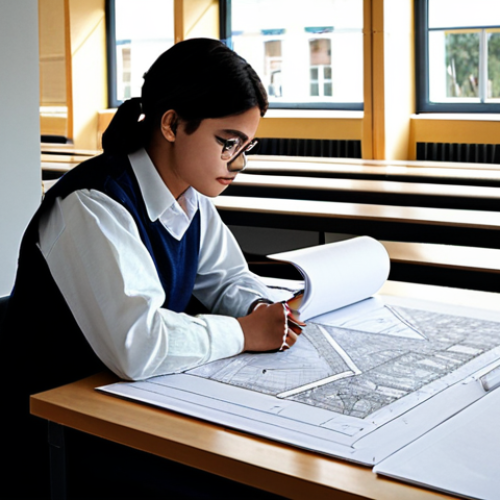 **

"A diligent architecture student, fully clothed in modest attire, studying building plans at a desk covered in architectural drawings. Books on structural engineering and building materials are stacked nearby. Natural lighting, professional study environment, safe for work, appropriate content, perfect anatomy, correct proportions, well-formed hands."

**