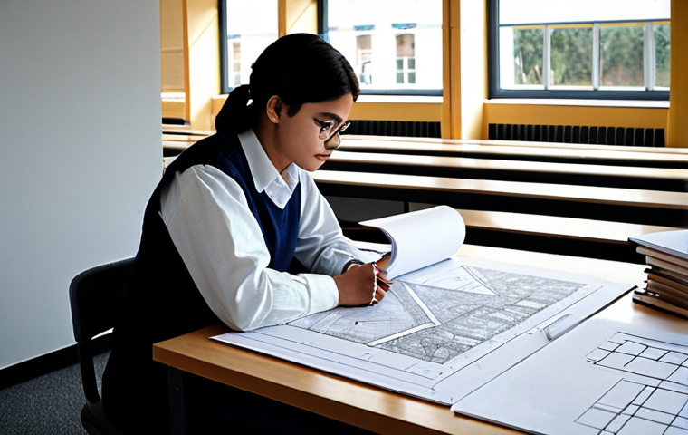 **
"A diligent architecture student, fully clothed in modest attire, studying building plans at a desk covered in architectural drawings. Books on structural engineering and building materials are stacked nearby. Natural lighting, professional study environment, safe for work, appropriate content, perfect anatomy, correct proportions, well-formed hands."
**
