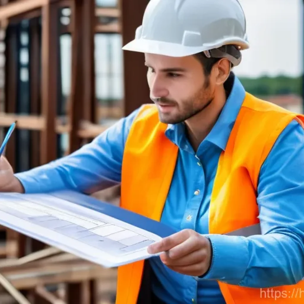 건축기사와 BIM 소프트웨어 활용 - " The project manager, a confident woman in a hard hat and safety vest, is pointing to a critical pa...
