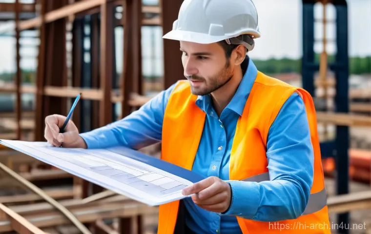 건축기사와 BIM 소프트웨어 활용 - " The project manager, a confident woman in a hard hat and safety vest, is pointing to a critical pa...