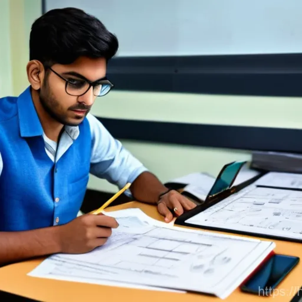 건축사 시험 난이도 분석 - A focused young Indian architecture student, wearing casual yet neat attire (like a collared shirt a...