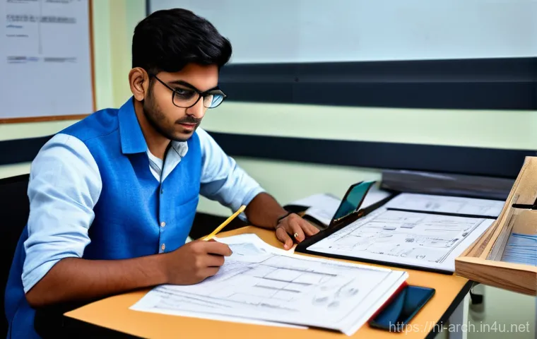 건축사 시험 난이도 분석 - A focused young Indian architecture student, wearing casual yet neat attire (like a collared shirt a...