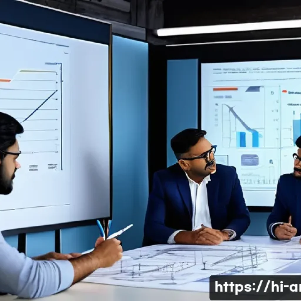 건축기사와 프로젝트 설계 프로세스 - A detailed digital construction project meeting scene with Indian professionals in traditional and m...