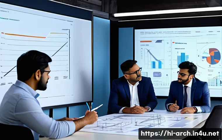 건축기사와 프로젝트 설계 프로세스 - A detailed digital construction project meeting scene with Indian professionals in traditional and m...