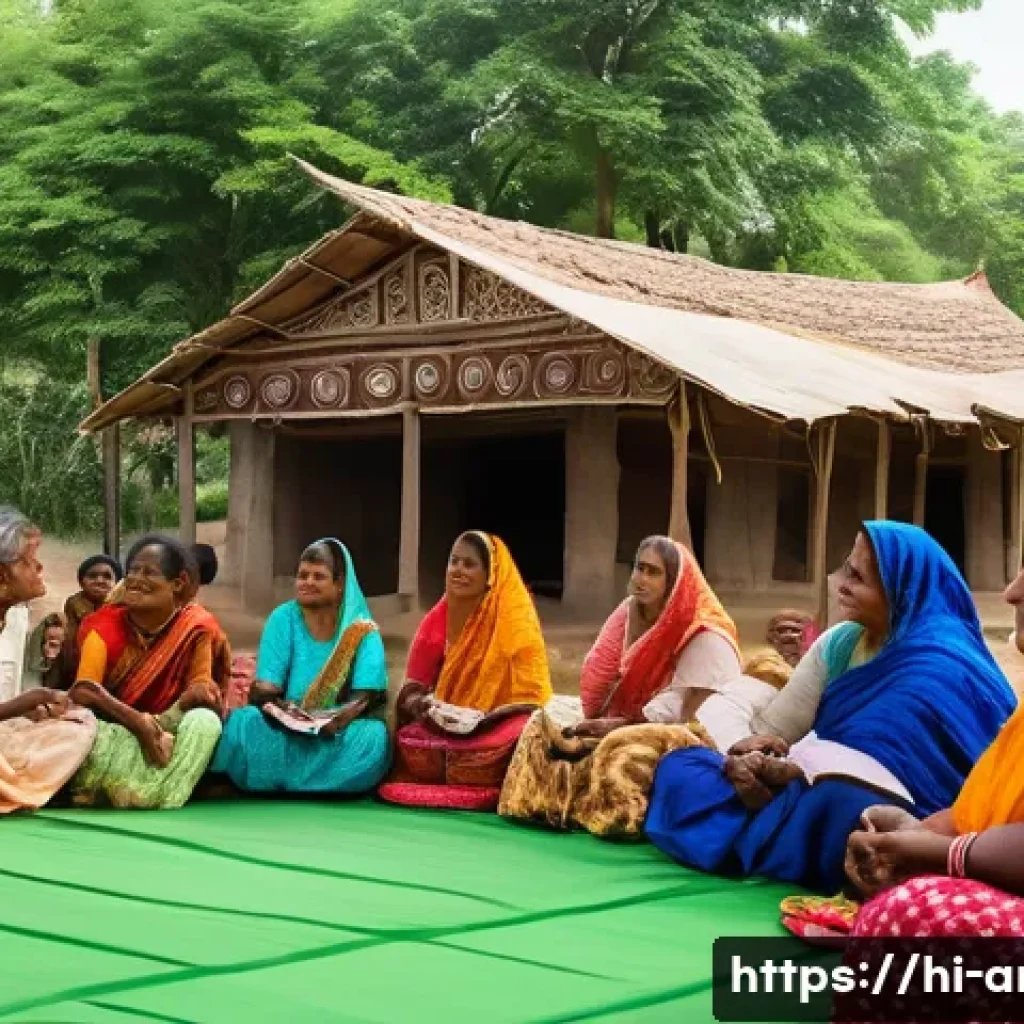 건축사와 지역 커뮤니티 프로젝트 - A vibrant community meeting scene in a rural Indian village with diverse local people including wome...