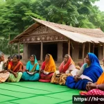 건축사와 지역 커뮤니티 프로젝트 - A vibrant community meeting scene in a rural Indian village with diverse local people including wome...
