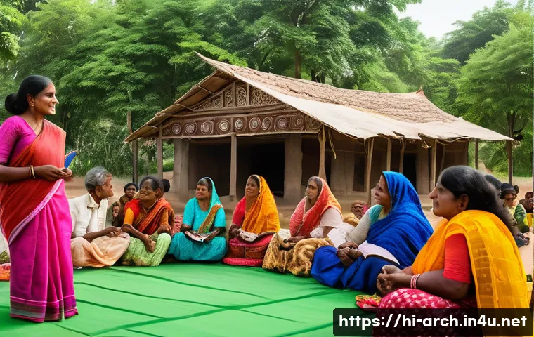 건축사와 지역 커뮤니티 프로젝트 - A vibrant community meeting scene in a rural Indian village with diverse local people including wome...