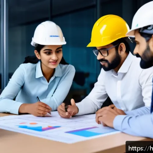 건축기사로서의 팀 리더 경험 - A diverse team of Indian construction professionals in a modern office environment, engaged in an ac...