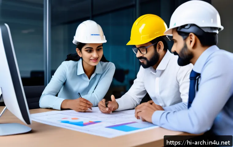 건축기사로서의 팀 리더 경험 - A diverse team of Indian construction professionals in a modern office environment, engaged in an ac...