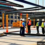 건축기사 필기시험 중점 과목 정리 - A detailed construction site scene focused on quality control testing of building materials, showing...