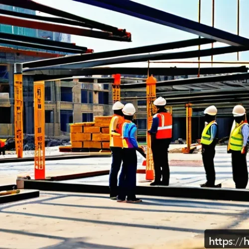 건축기사 필기시험 중점 과목 정리 - A detailed construction site scene focused on quality control testing of building materials, showing...