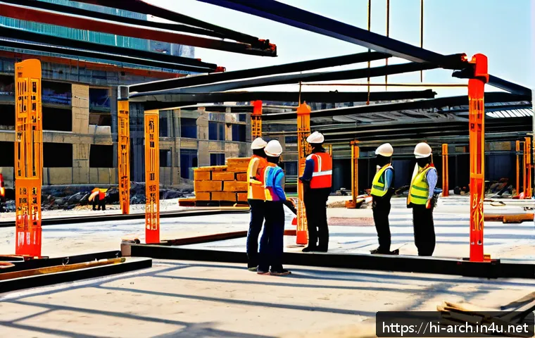 건축기사 필기시험 중점 과목 정리 - A detailed construction site scene focused on quality control testing of building materials, showing...