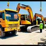 건축기사로서 현장 안전 관리 경험 - A detailed construction site scene showing a diverse team of workers wearing certified safety helmet...