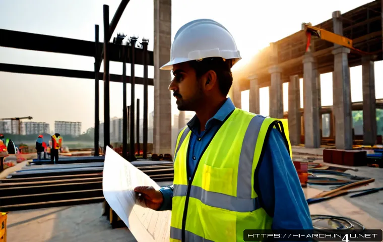 건축기사와 협업 기반 건설 사례 - Photorealistic wide-angle view of an Indian construction site at sunrise, a civil engineer in hard h...