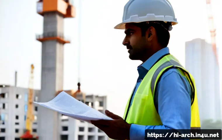 건축분야 자격증 시장 전망 - Photorealistic Indian construction professional wearing a hard hat and safety vest, reviewing a blan...