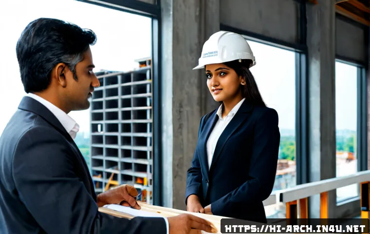 Home 17 건축분야 자격증 취득 후 장기적 커리어 - Photorealistic Indian woman architect in her 30s wearing a professional blazer and safety helmet, co...